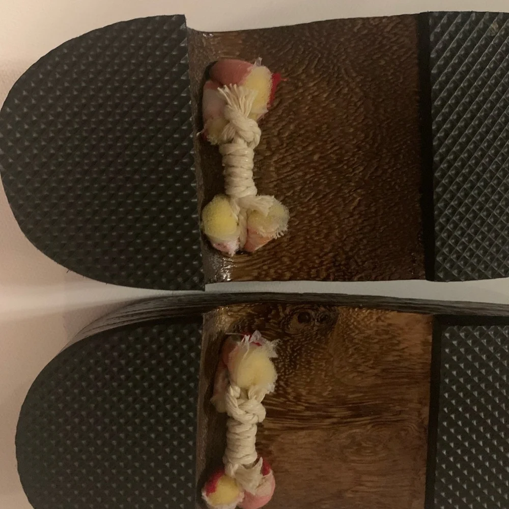 JAPANESE  GETA WOODEN SANDALS PINK  GREEN FLOWERS & BROWN